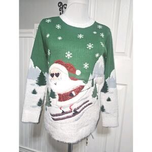 NWT Holiday Time Women’s X (18) Ugly Christmas Sweater Santa Skiing Green...gree
